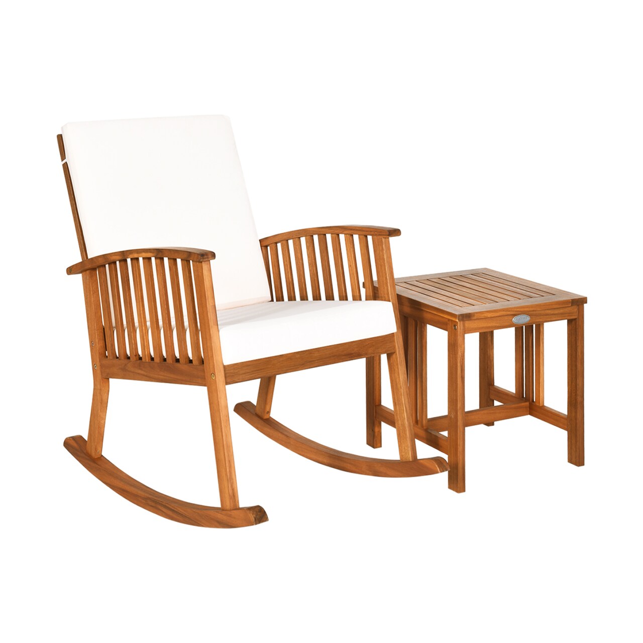 2 Pieces Teak Acacia Wood Rocking Chair Set with Cushions and Tea Table